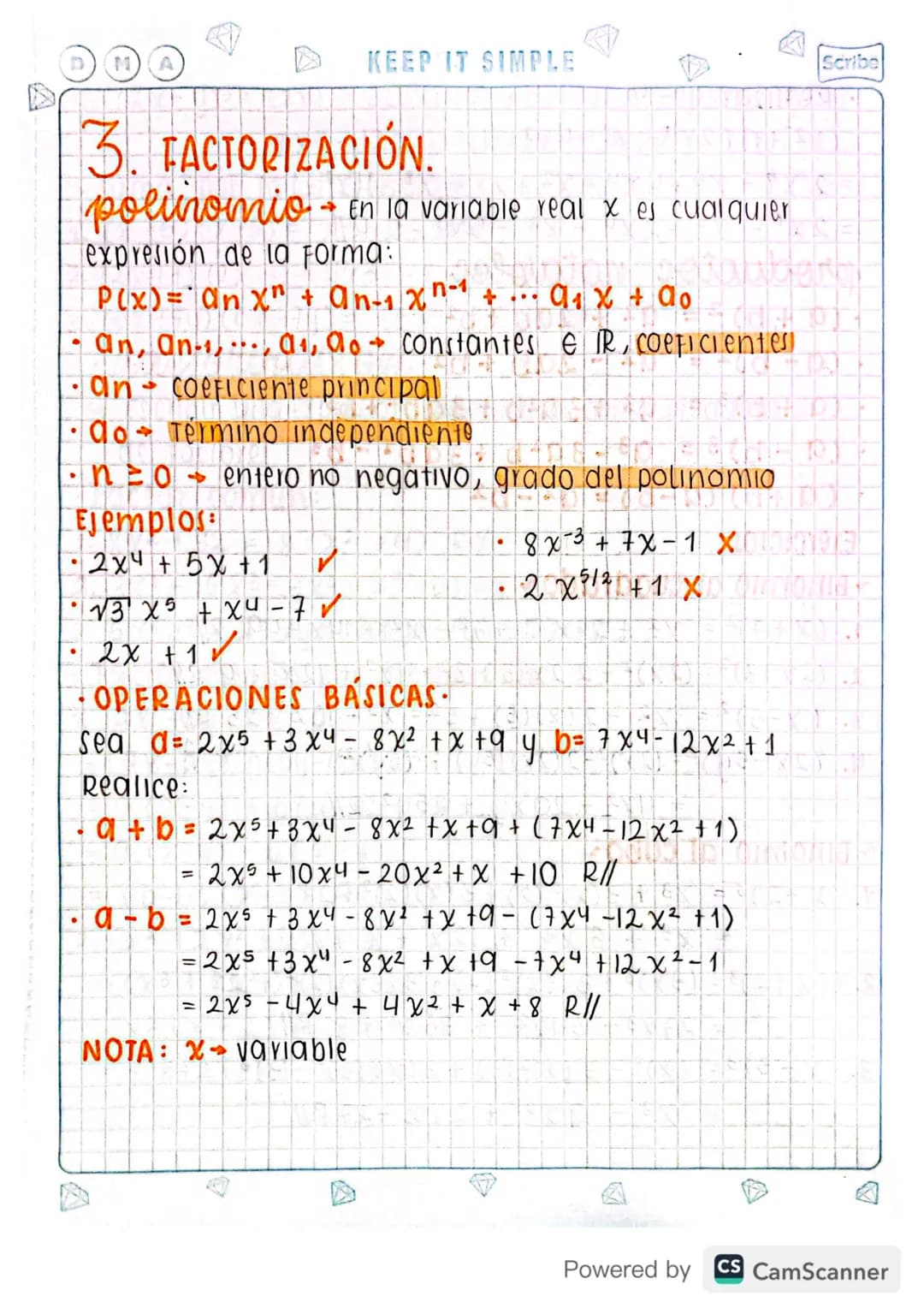 M
KEEP IT SIMPLE
D
Scribe
3. FACTORIZACIÓN.
polinomio En la variable real x es cualquier
expresión de la Forma:
P(x)= an x + α n + 1 x n − 1