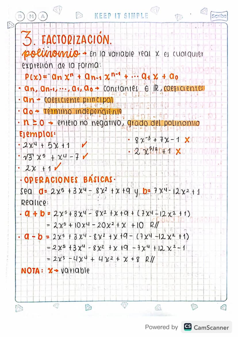 M
KEEP IT SIMPLE
D
Scribe
3. FACTORIZACIÓN.
polinomio En la variable real x es cualquier
expresión de la Forma:
P(x)= an x + α n + 1 x n − 1