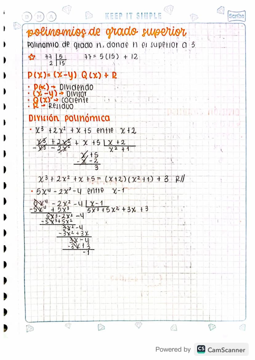 M
KEEP IT SIMPLE
D
Scribe
3. FACTORIZACIÓN.
polinomio En la variable real x es cualquier
expresión de la Forma:
P(x)= an x + α n + 1 x n − 1