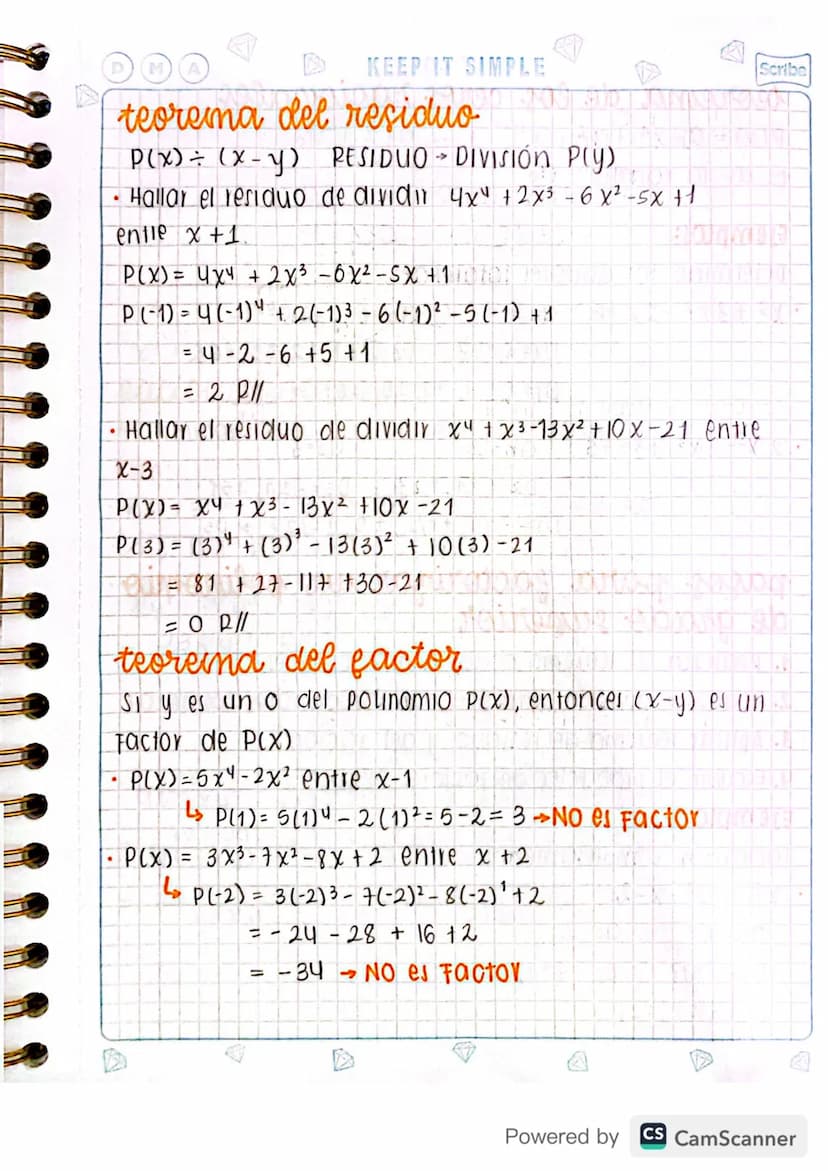 M
KEEP IT SIMPLE
D
Scribe
3. FACTORIZACIÓN.
polinomio En la variable real x es cualquier
expresión de la Forma:
P(x)= an x + α n + 1 x n − 1