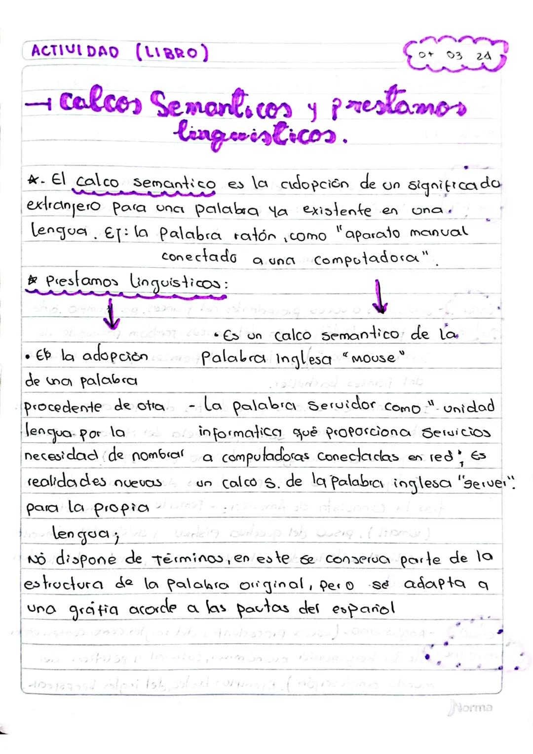 ACTIVIDAD (LIBRO)
10
03
24
calcos Semanticos y prestamos
lingwisticos.
Ona.
*. El calco semantico es la adopción de un
un significado
extran