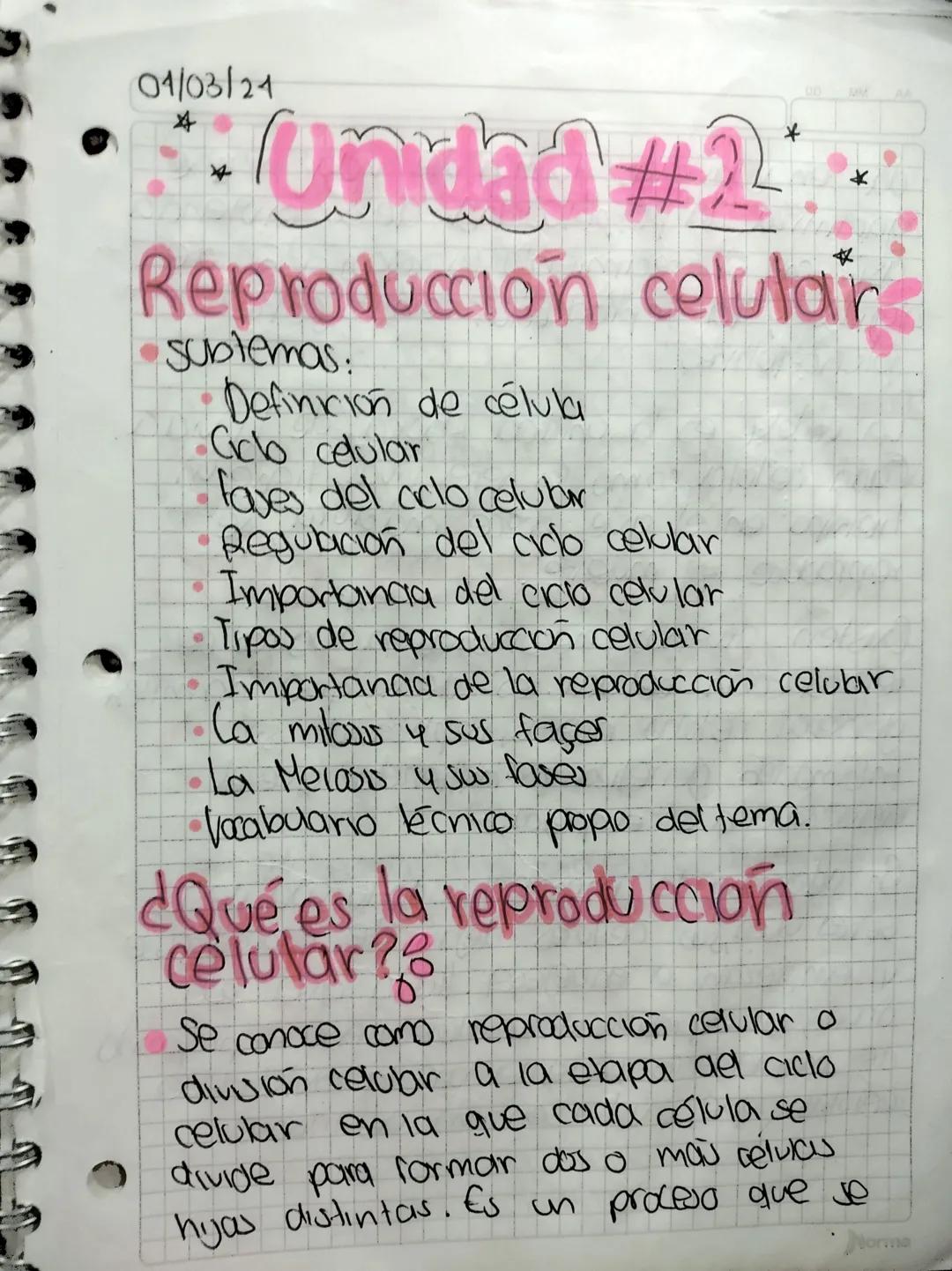 04/03/24

☆
# Unidad #2

# Reproducción celulars

*   subtemas:
*   Definición de célula
*   Ciclo celular
*   fases del arlo celuber
*   Re
