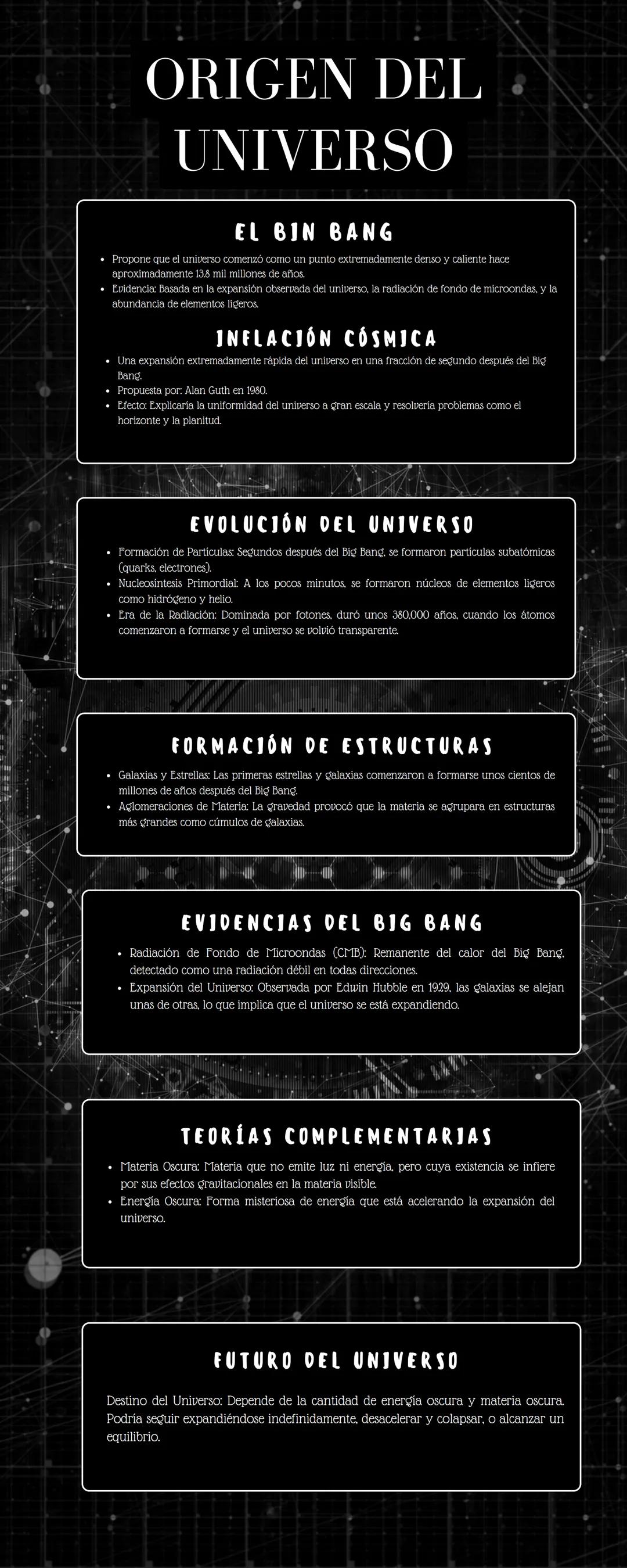 ORIGEN DEL
UNIVERSO
EL BIN BANG
• Propone que el universo comenzó como un punto extremadamente denso y caliente hace
aproximadamente 13.8 mi
