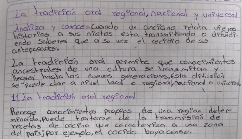 La tradición oral regional, nacional y universal.
Analiza y conoce = Cuando
historias
un anciano relata viejas.
a sus nietos esta transmitie