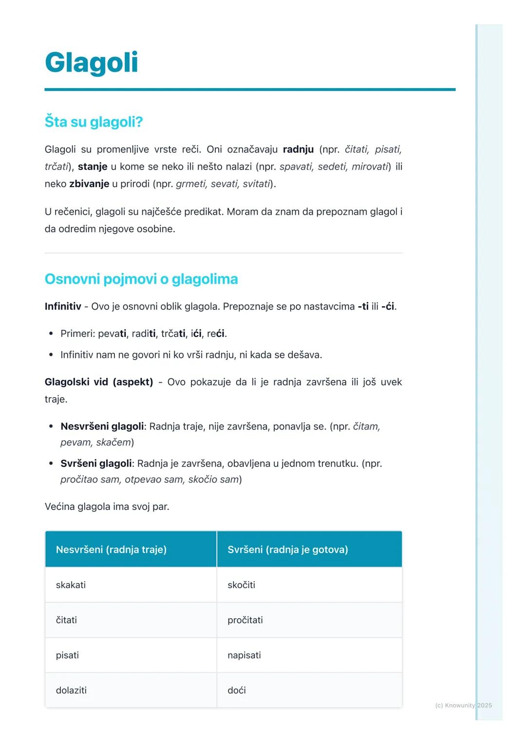 # Glagoli

## Šta su glagoli?

Glagoli su promenljive vrste reči. Oni označavaju radnju (npr. čitati, pisati,
trčati), stanje u kome se neko