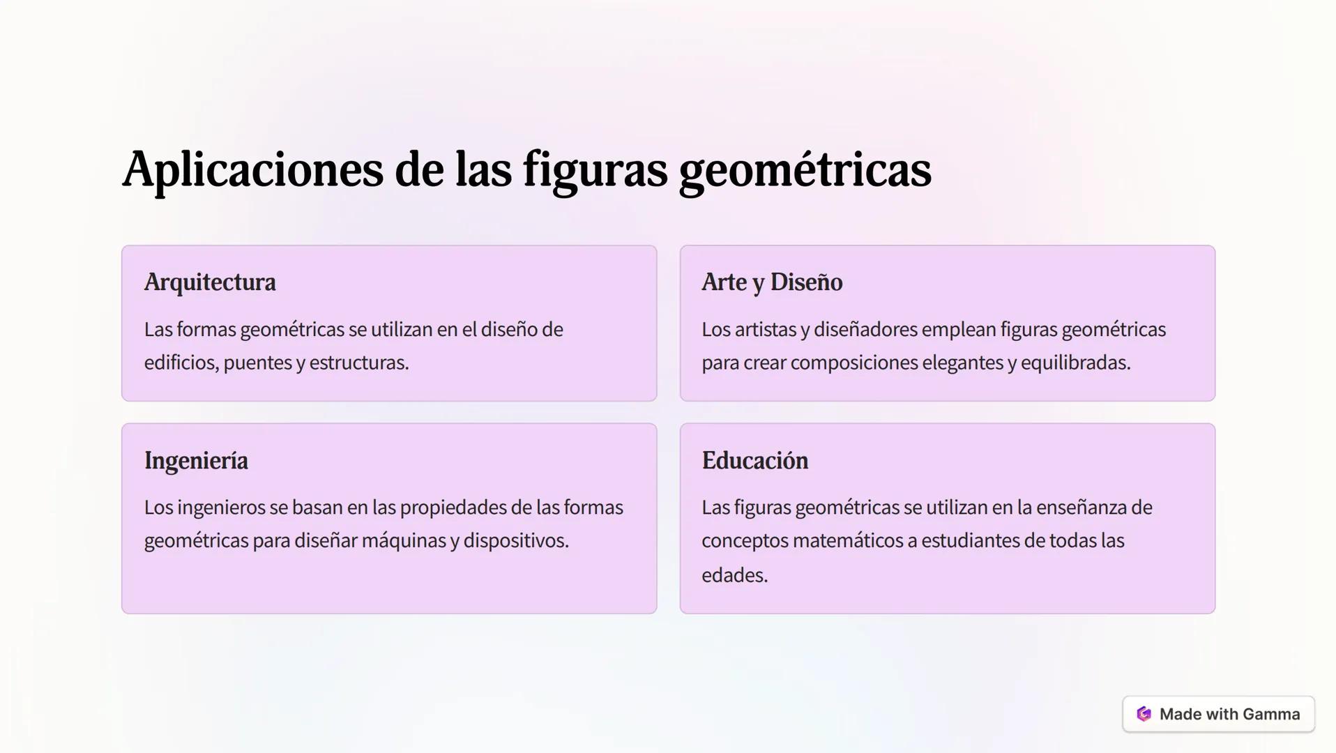 Tipos de figuras geométricas
Básicas
Triángulos, cuadrados, círculos y
rectángulos son las formas
geométricas más fundamentales.
Polígonos
F