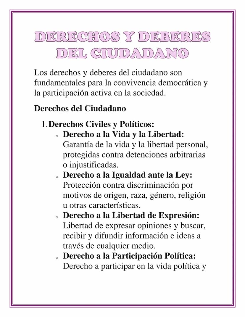 DERECHOS Y DEBERES
DEL CIUDADANO
Los derechos y deberes del ciudadano son
fundamentales para la convivencia democrática y
la participación a
