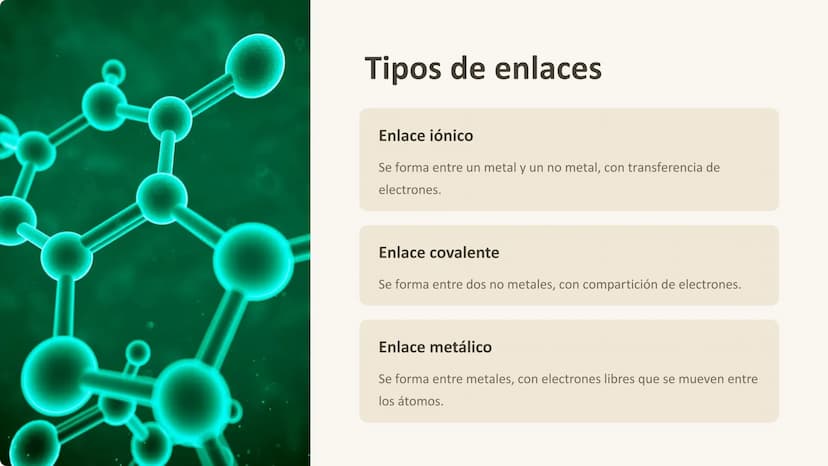 Enlaces químicos
Los enlaces químicos son fuerzas que unen a los átomos para formar
moléculas y compuestos. Estos enlaces pueden ser de tipo