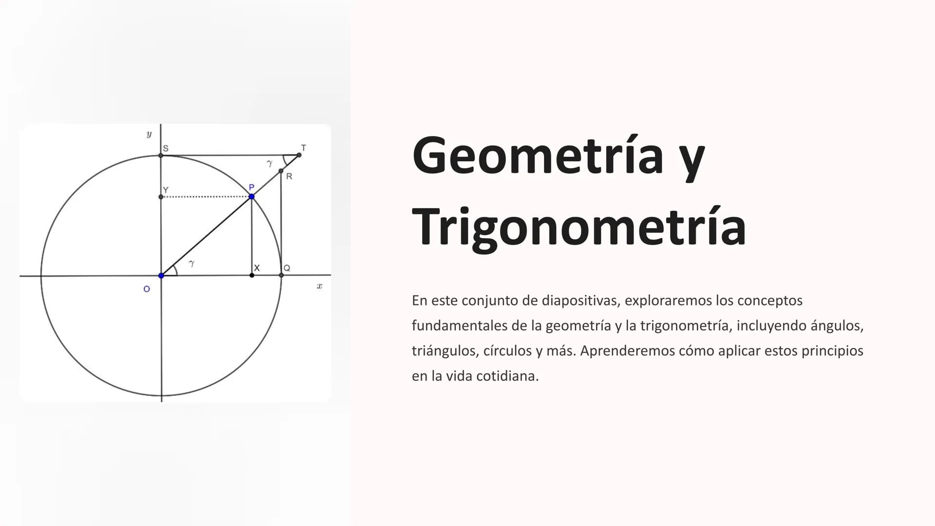 Y
Y
P
R
☑
Q
T
X
Geometría y
Trigonometría
En este conjunto de diapositivas, exploraremos los conceptos
fundamentales de la geometría y la tr