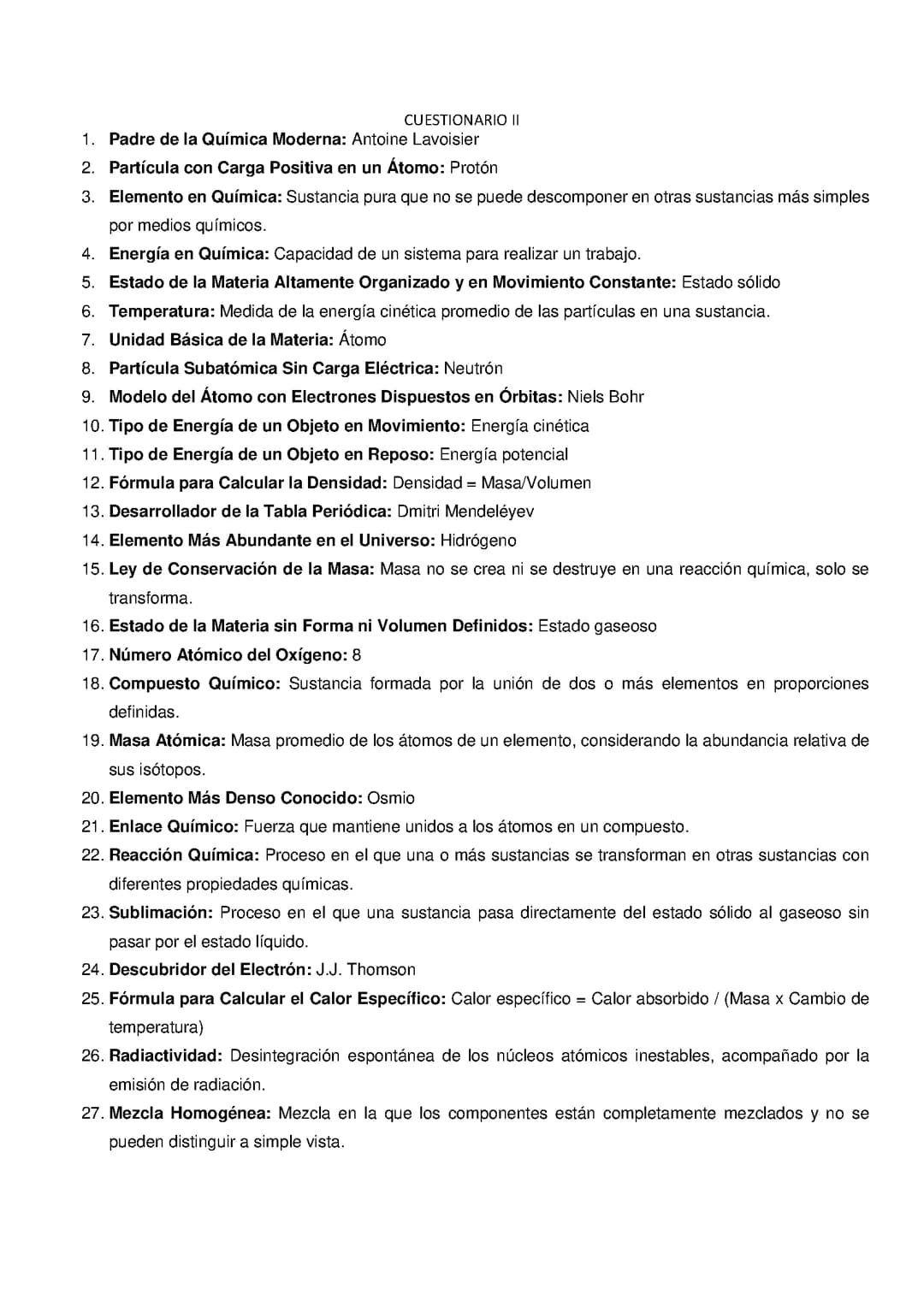 Serie de preguntas sobre química 