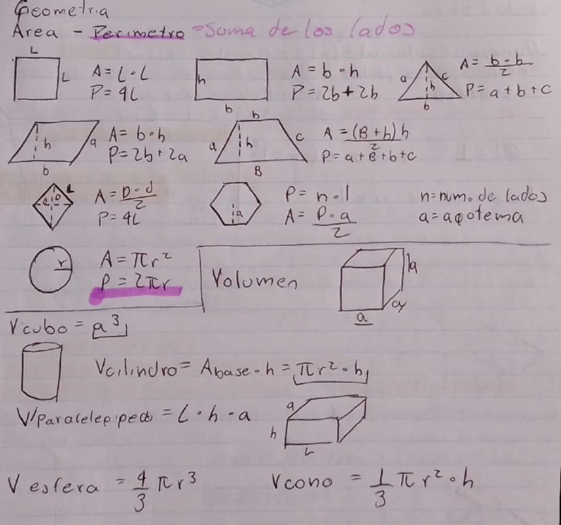 Geometria
Area - Perimetro -Soma de los lados
L
L
A=L·L
P=9L
h
A = b-h
P=26+26
A = b-b
a
P = a+b+c
b
b
b
C
A = (B+h) h
19
b
A= boh
P=25+2a
A