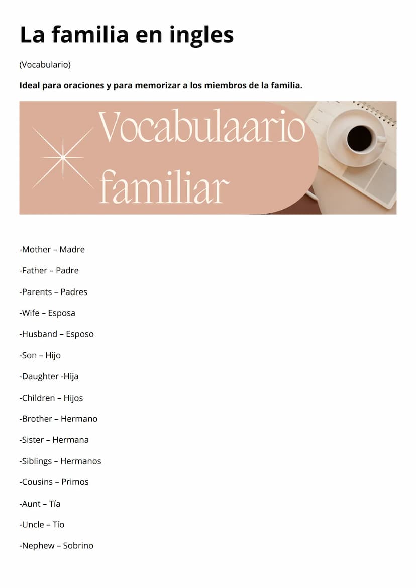 La familia en ingles
(Vocabulario)
Ideal para oraciones y para memorizar a los miembros de la familia.
Vocabulaario
familiar
-Mother Madre
-