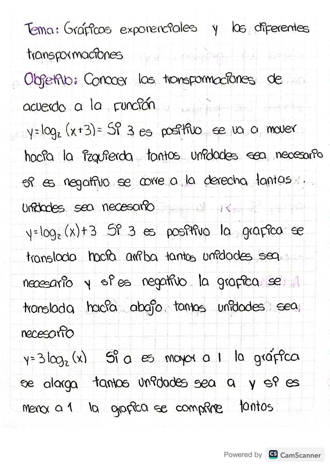 Tema: Gráficas exponenciales y las diferentes
transformaciones

Objetivo: Conocer los transformaciones de
acuerdo a la Función

y=logz (x+3)