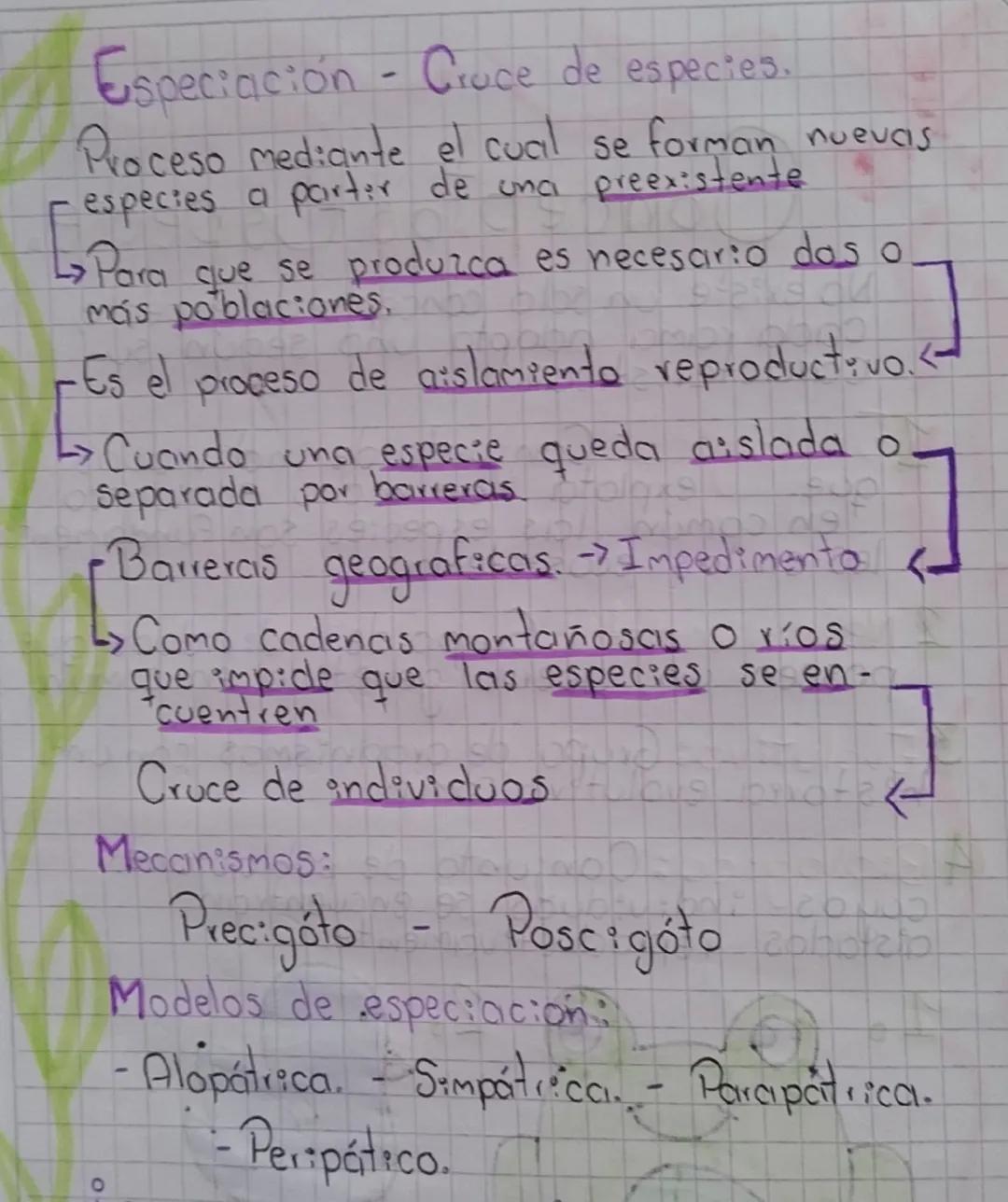 Especiación - Cruce de especies.

Proceso mediante el cual se forman nuevas
especies a partir de una preexistente

→Para que se produzca es 