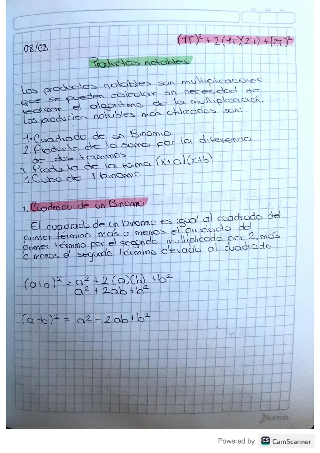 MIA
08/02
(15)²+2 (15) 2T) + (27)²
Productos notables
Las productos notables son multiplicaciones
que se pueden calcolar sn necesidad de
rea
