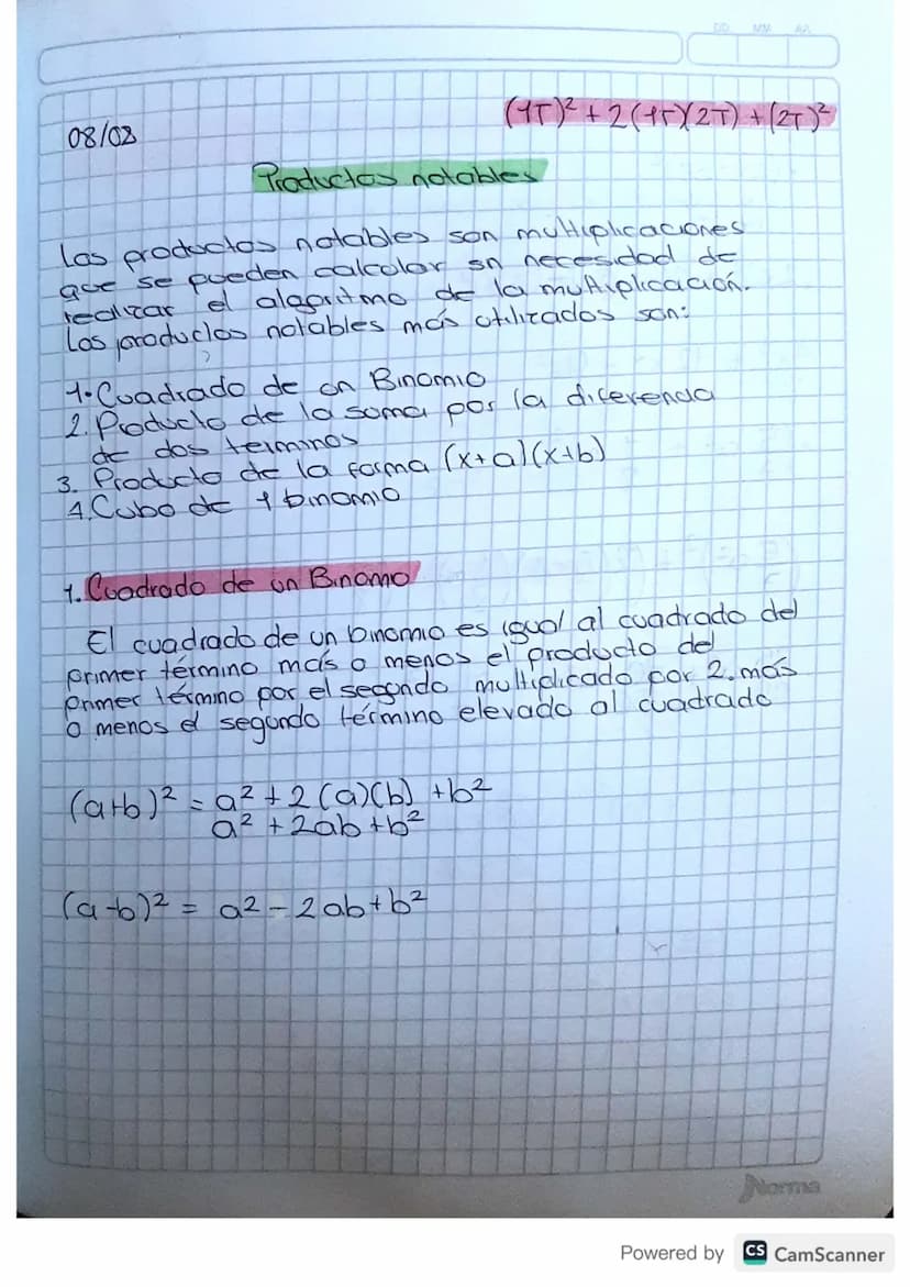MIA
08/02
(15)²+2 (15) 2T) + (27)²
Productos notables
Las productos notables son multiplicaciones
que se pueden calcolar sn necesidad de
rea