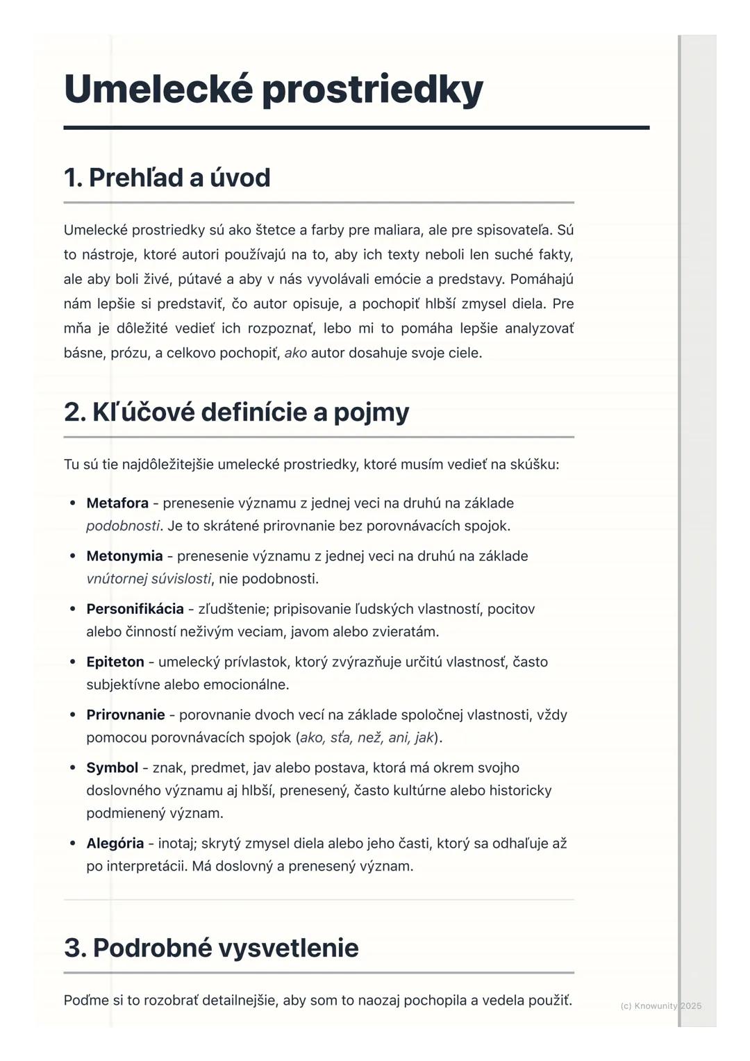 # Umelecké prostriedky

## 1. Prehľad a úvod

Umelecké prostriedky sú ako štetce a farby pre maliara, ale pre spisovateľa. Sú
to nástroje, k