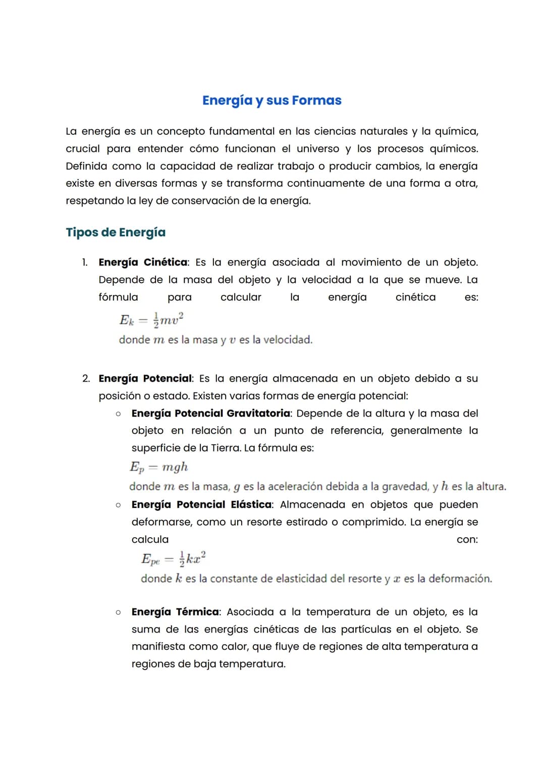 Energía y sus Formas
La energía es un concepto fundamental en las ciencias naturales y la química,
crucial para entender cómo funcionan el u