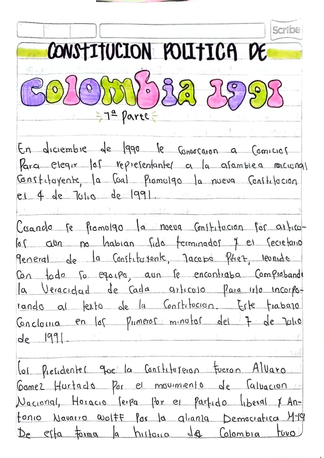 CONSTITUCION POLITICA DE
Scribe
Colombia 1998
7ª Parte =
а
En diciembre de 1990 le Convocaron
Para elegir los representanter a la
Constituye