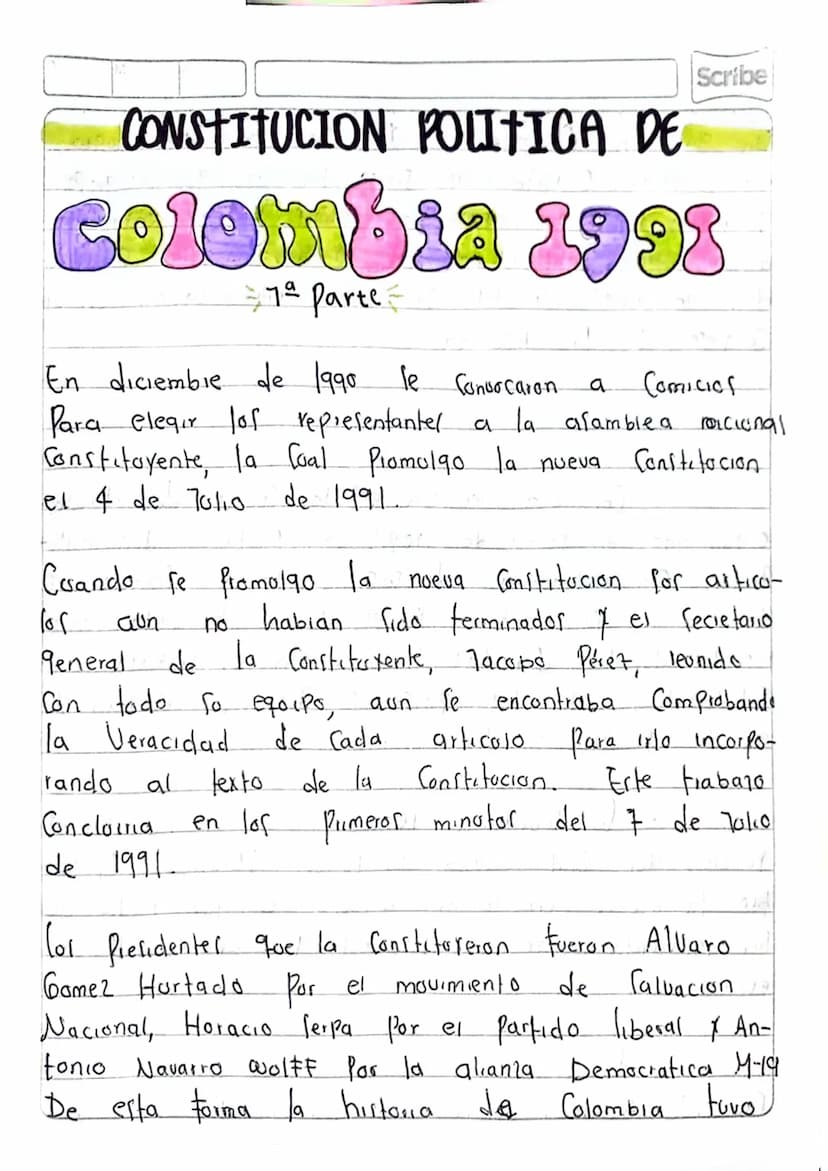 CONSTITUCION POLITICA DE
Scribe
Colombia 1998
7ª Parte =
а
En diciembre de 1990 le Convocaron
Para elegir los representanter a la
Constituye