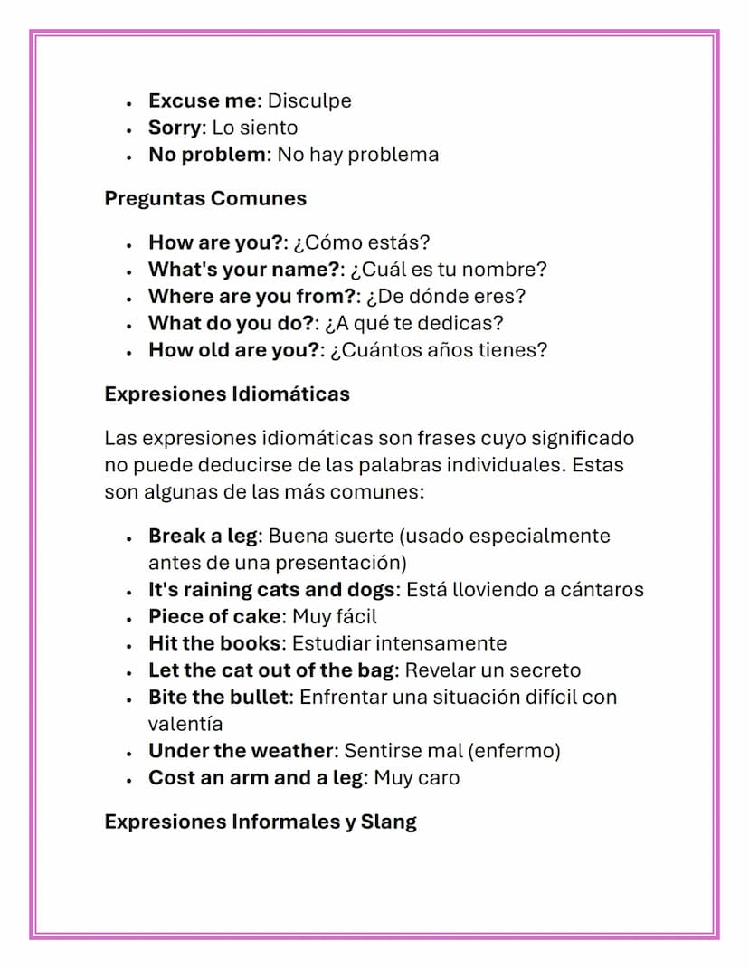 Vocabulario y Expresiones
Comunes en Inglés
Introducción
Aprender vocabulario y expresiones comunes es
esencial para dominar un idioma. En i