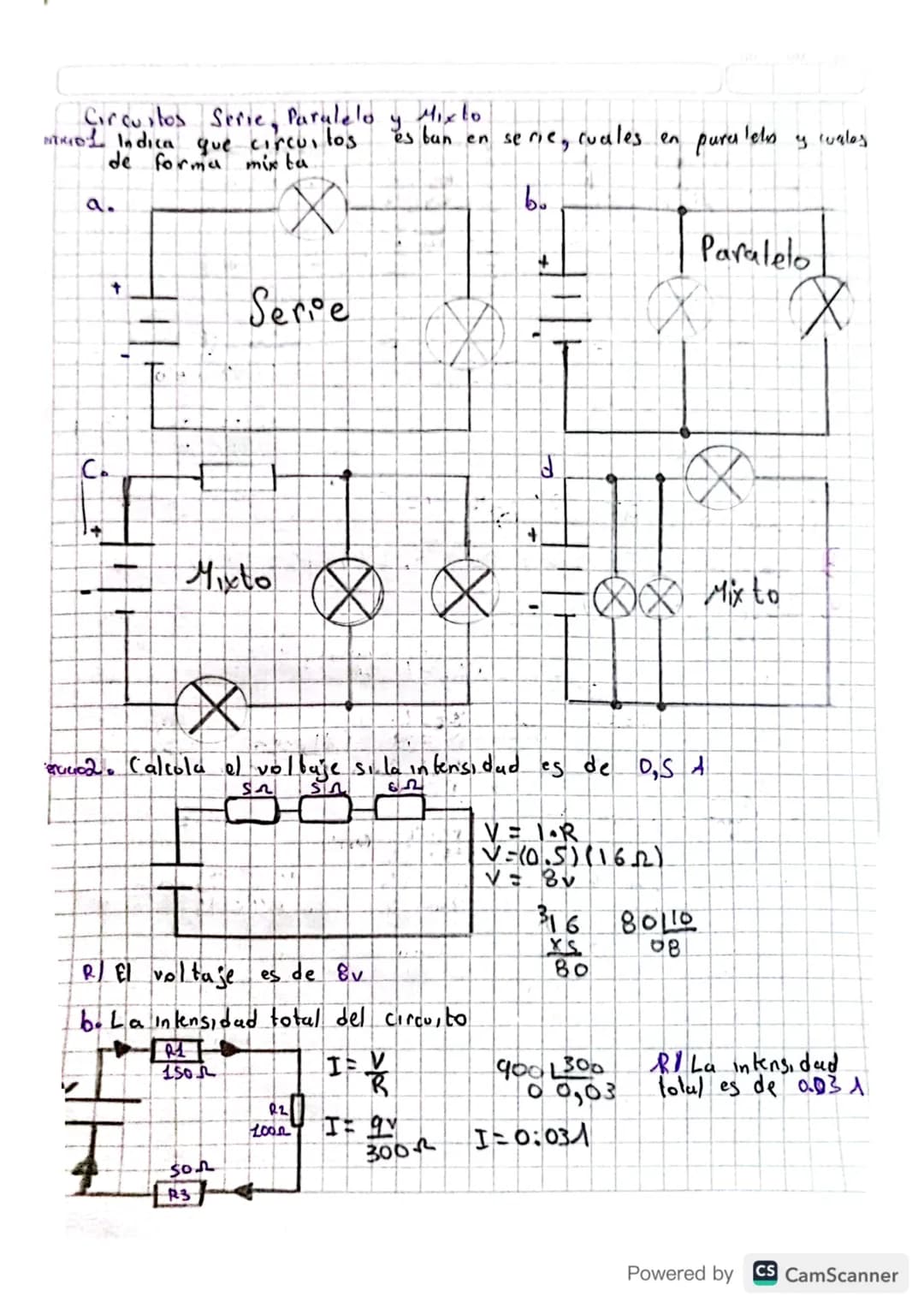Circuitos Serie, Paralelo
NERIOL Indica que circuitos.
de forma mix ta
a.
C
+
Serie
Mixto
y
es ban en serie, cuales en
pures
Tels
y cuales
b