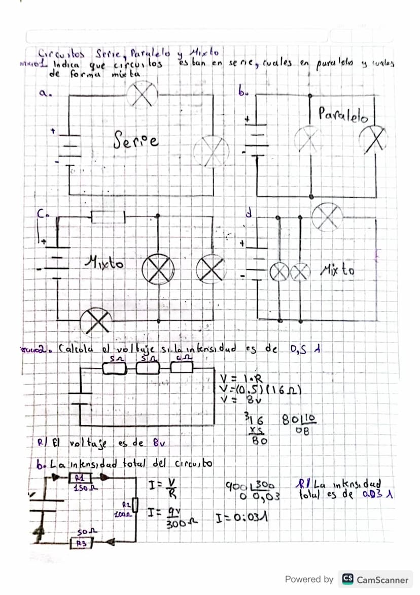 Circuitos Serie, Paralelo
NERIOL Indica que circuitos.
de forma mix ta
a.
C
+
Serie
Mixto
y
es ban en serie, cuales en
pures
Tels
y cuales
b