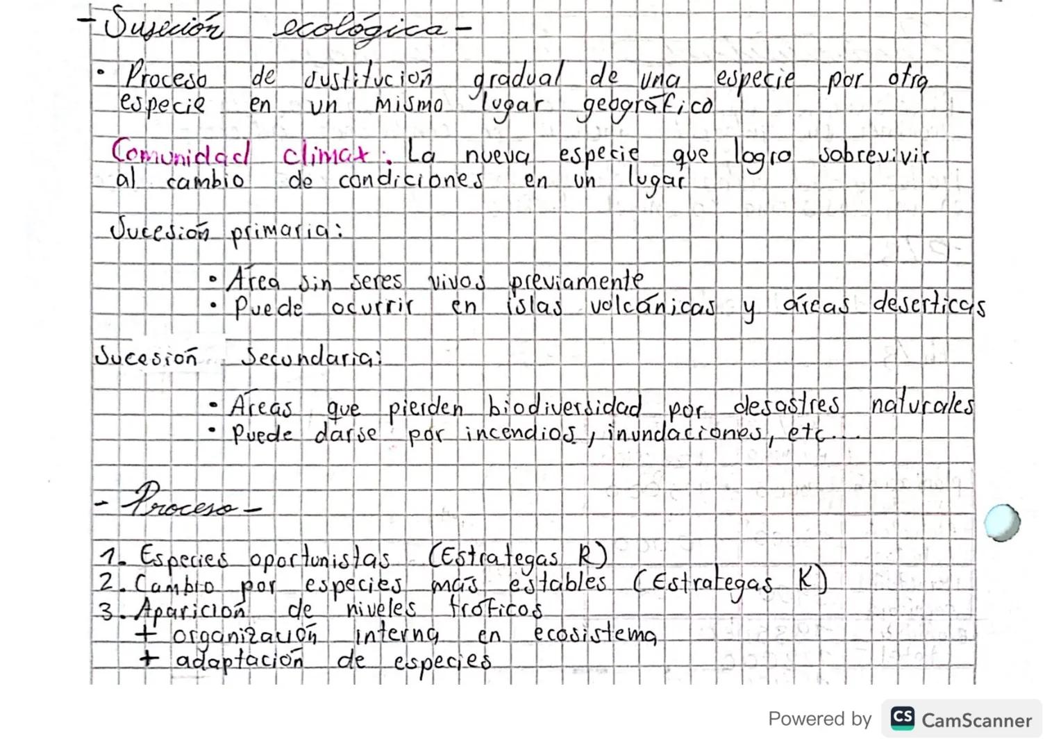 - Sujeción ecológica -

Proceso de sustitución gradual de una especie por otra
especil en un Mismo lugar geográfico

Comunidad climax. La nu