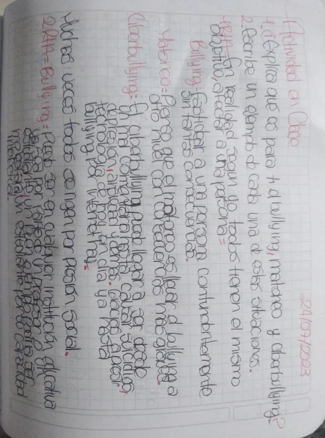 Actividad en Cboe
24/07/2023
4. ¿Explica que co para til bullying, matoneo y alberbullying?
2. Escribe un ejemplo de cada una de estas situa