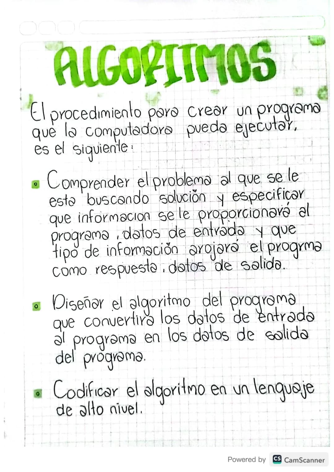 0
ALGORITMOS
El procedimiento para crear un programa
que la computadora pueda ejecutar,
es el siguiente:
o
Comprender el problema al que se 