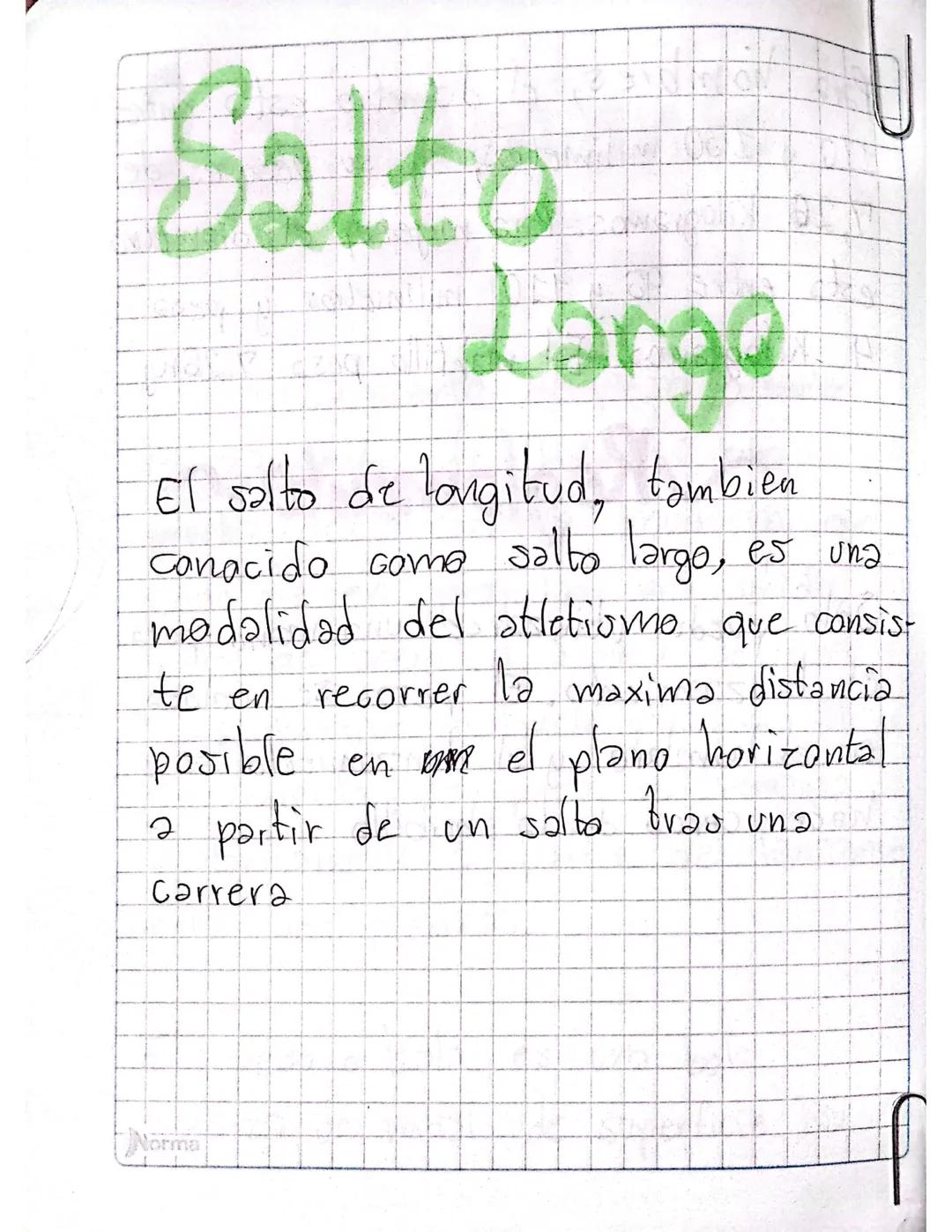 # Salto

Largo

El salto de longitud, tambien
canacido como salto largo, es una
modalidad del atletiomo que consis
te en recorrer la maxima 