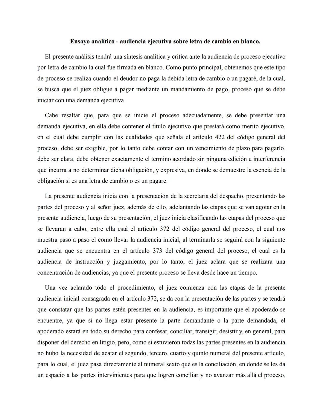 Ensayo analítico - audiencia ejecutiva sobre letra de cambio en blanco.

El presente análisis tendrá una síntesis analítica y critica ante l