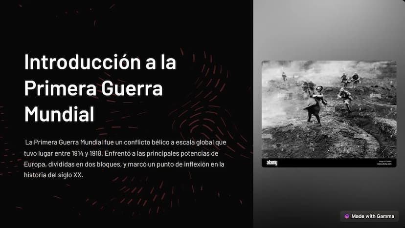 Introducción a la
Primera Guerra
Mundial
La Primera Guerra Mundial fue un conflicto bélico a escala global que
tuvo lugar entre 1914 y 1918.