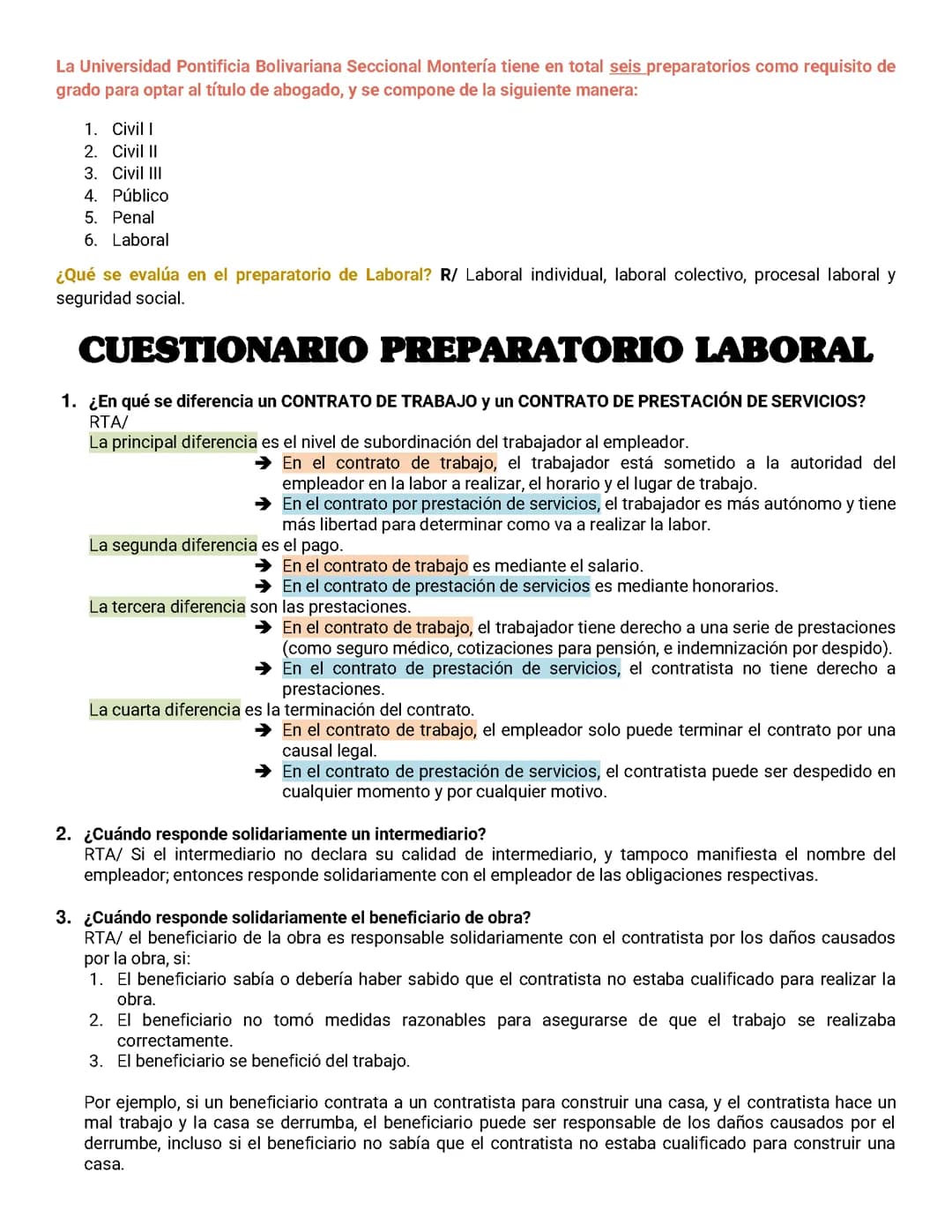 Preparatorio y Cuestionario de Derecho Laboral