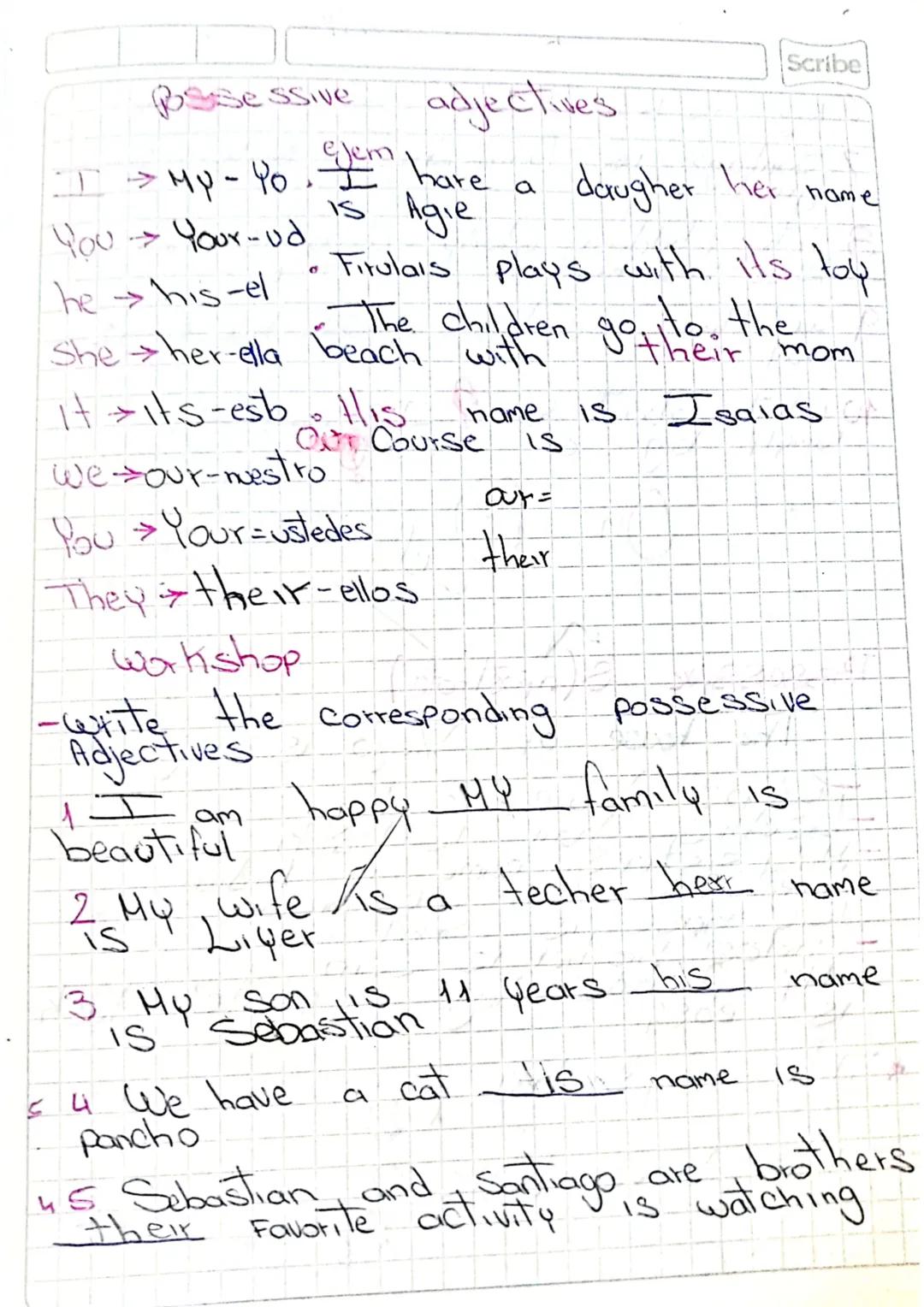 Sse ssive
ejem
adjectives
Scribe
I > Mp - Yo. I have
a
You Your-ud
15 Agie
daugher her name
The his-el
-
Firula's plays with it's toy.
"The 