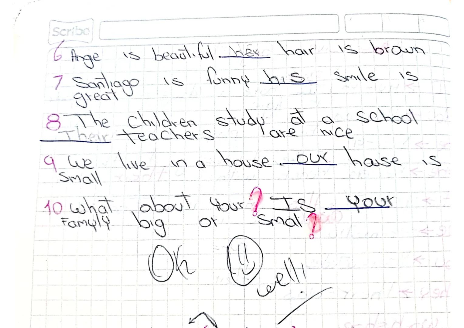 Sse ssive
ejem
adjectives
Scribe
I > Mp - Yo. I have
a
You Your-ud
15 Agie
daugher her name
The his-el
-
Firula's plays with it's toy.
"The 