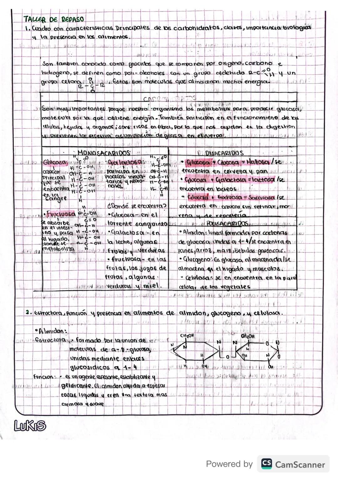 TALLER DE REPASO
1. Cuadro con caracteristicas principales de los carbohidratos, clases, importancia biologica
4 la presencia en los aliment
