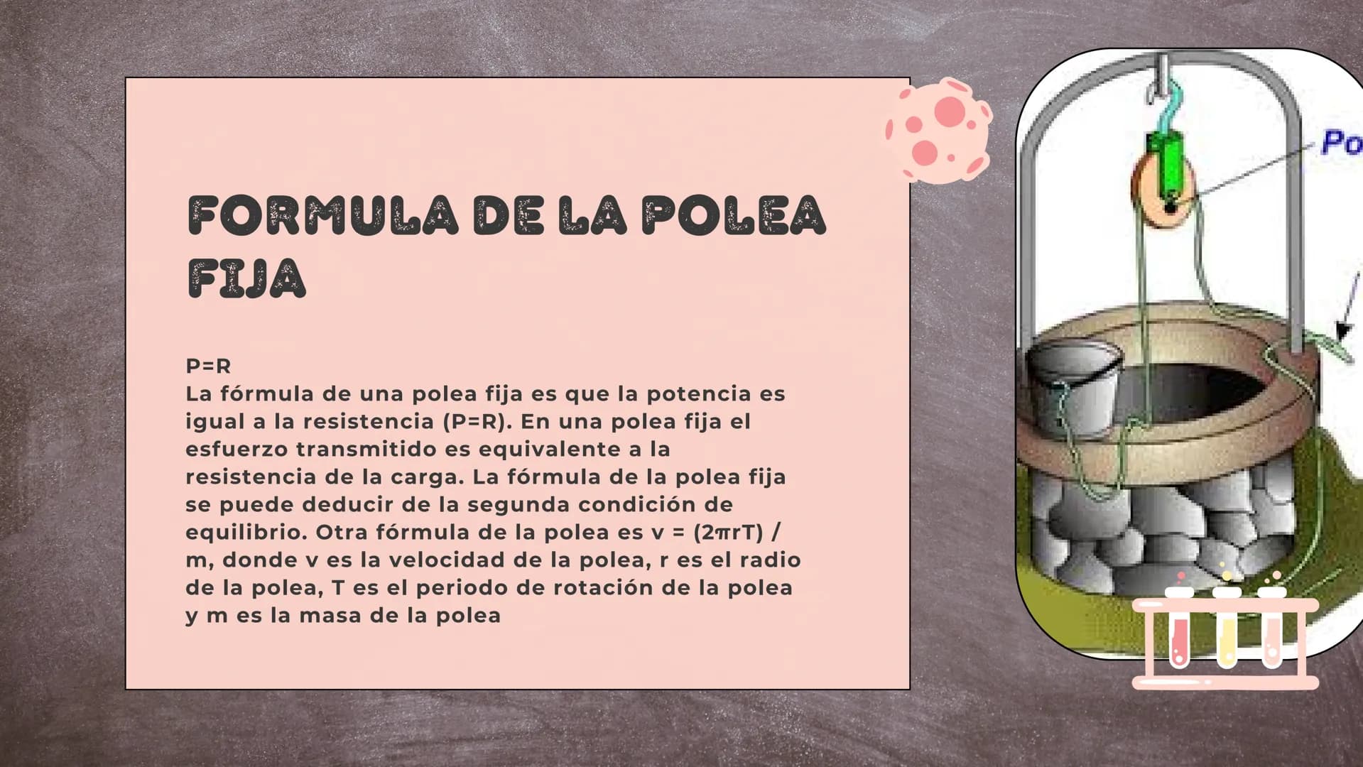 111/1111
|||||||||
TIPOS DE POLEAS
Fija y movil
|||| ¿QUE ES LA POLEA
FIJA?
La polea fija es un dispositivo mecánico
que consta de una rueda
