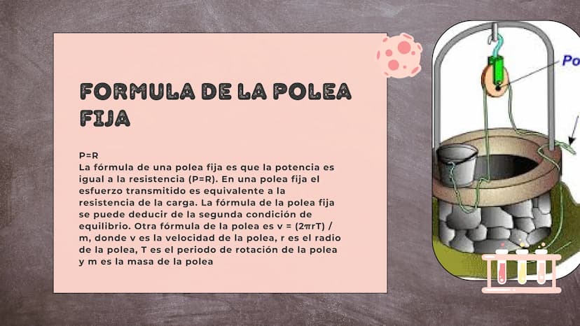 111/1111
|||||||||
TIPOS DE POLEAS
Fija y movil
|||| ¿QUE ES LA POLEA
FIJA?
La polea fija es un dispositivo mecánico
que consta de una rueda