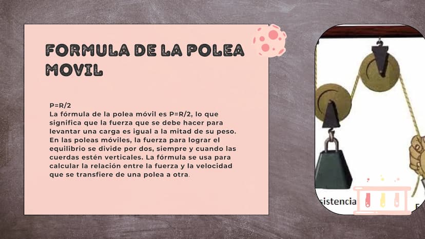 111/1111
|||||||||
TIPOS DE POLEAS
Fija y movil
|||| ¿QUE ES LA POLEA
FIJA?
La polea fija es un dispositivo mecánico
que consta de una rueda
