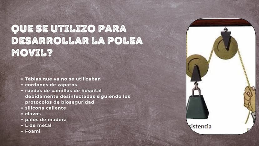 111/1111
|||||||||
TIPOS DE POLEAS
Fija y movil
|||| ¿QUE ES LA POLEA
FIJA?
La polea fija es un dispositivo mecánico
que consta de una rueda