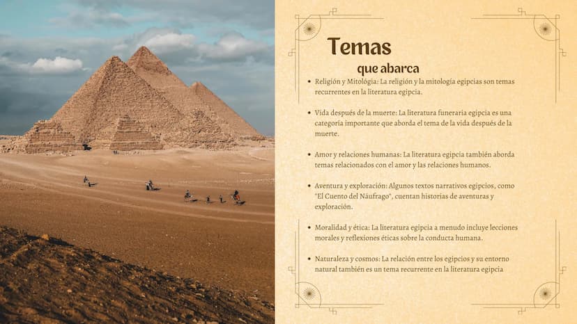 ¿Qué es?
La literatura egipcia es un tesoro cultural que
se extiende a lo largo de miles de años,
ofreciendo una ventana única a la mente y 