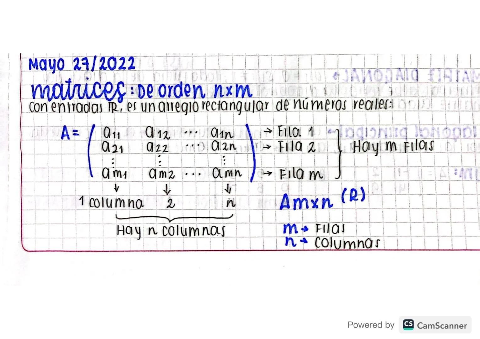 Mayo 27/2022

matrices: De orden nxm

con entradas IR, es un airegio rectangular de números realer 00000

$A = \begin{pmatrix} a_{11} & a_{1