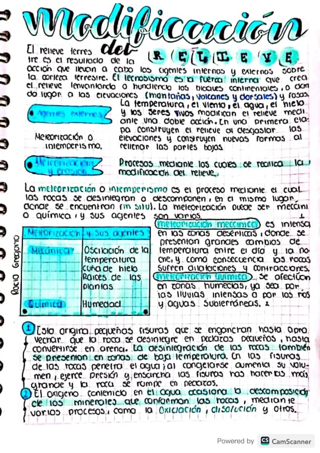 ງ
Rocio Gregorio
Modificación
El relieve terres deb
tre es el resultado de la
RELIE Y
acción que llevan a cabo los agentes internos y extern