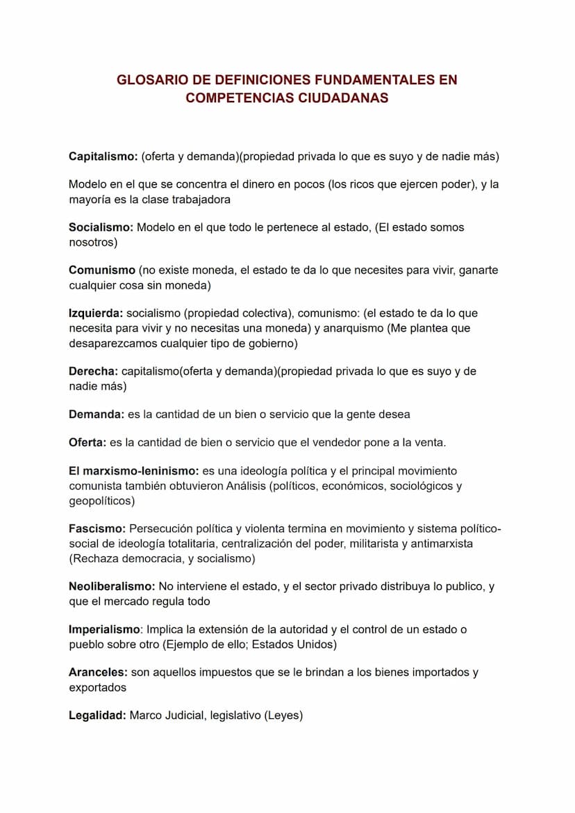 GLOSARIO DE DEFINICIONES FUNDAMENTALES EN
COMPETENCIAS CIUDADANAS
Capitalismo: (oferta y demanda)(propiedad privada lo que es suyo y de nadi