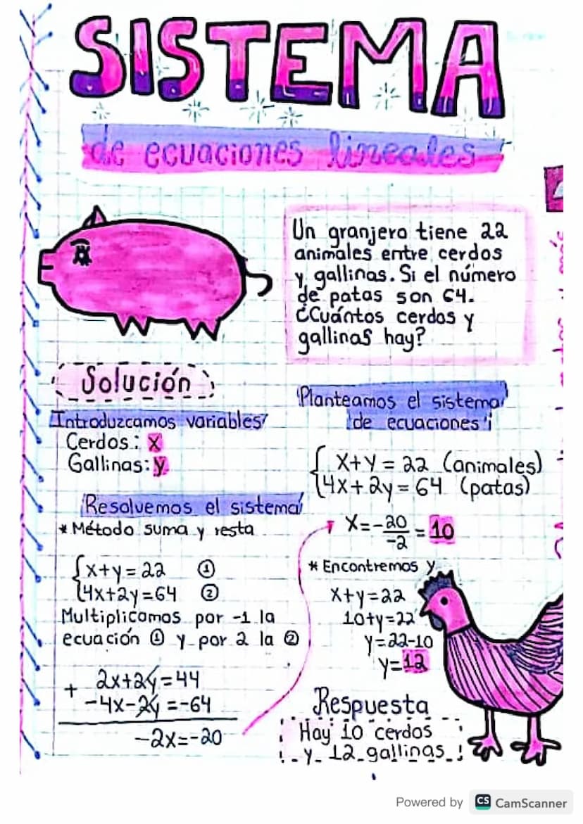 SISTEMA
E
de ecuaciones lineales
Solución
Introduzcamos variables
Cerdos: X
Gallinas:
Resolvemos el sistema
Un granjero tiene 22
animales en