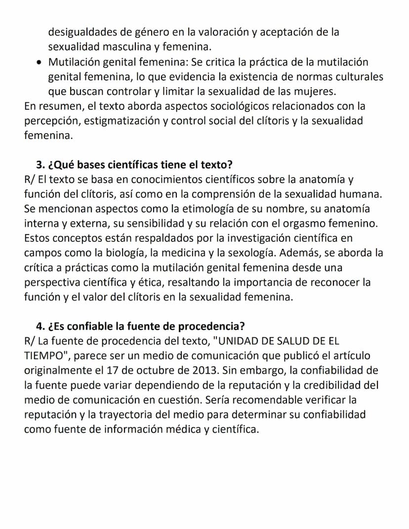 LAS CONFESIONES DEL CLITORIS, ES EL UNICO ORGANO DE PLACER
PREGUNTAS
1. ¿A qué tipo de texto pertenece Las confesiones del clítoris, el únic