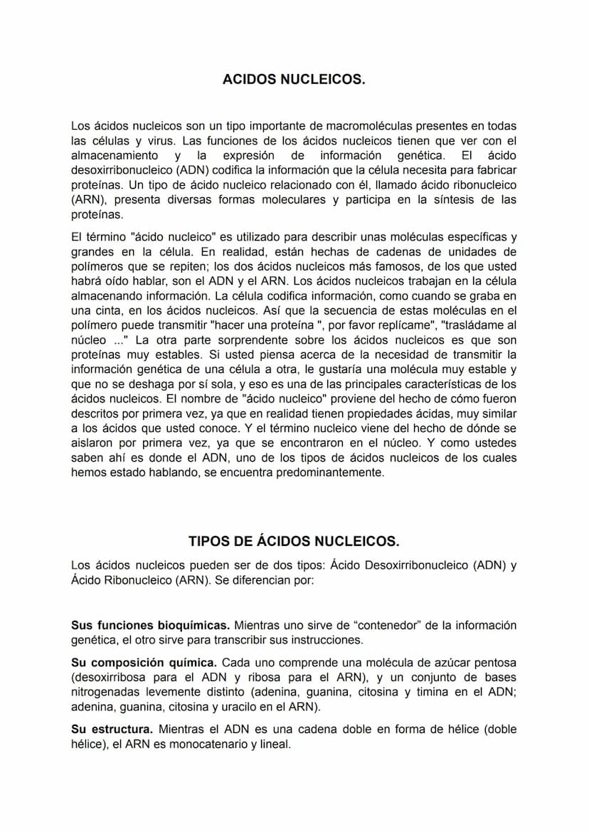 ACIDOS NUCLEICOS.
Los ácidos nucleicos son un tipo importante de macromoléculas presentes en todas
las células y virus. Las funciones de los