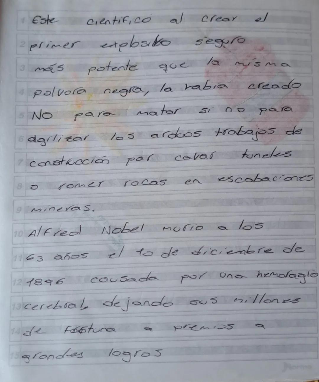 Alfred
Nobel
Fue un quimico Ingeniero escritor e
inventor naciolo en estocdmo sulcia
el 01 de octubre 1833 y Fallecio
en san Remo Italia el 
