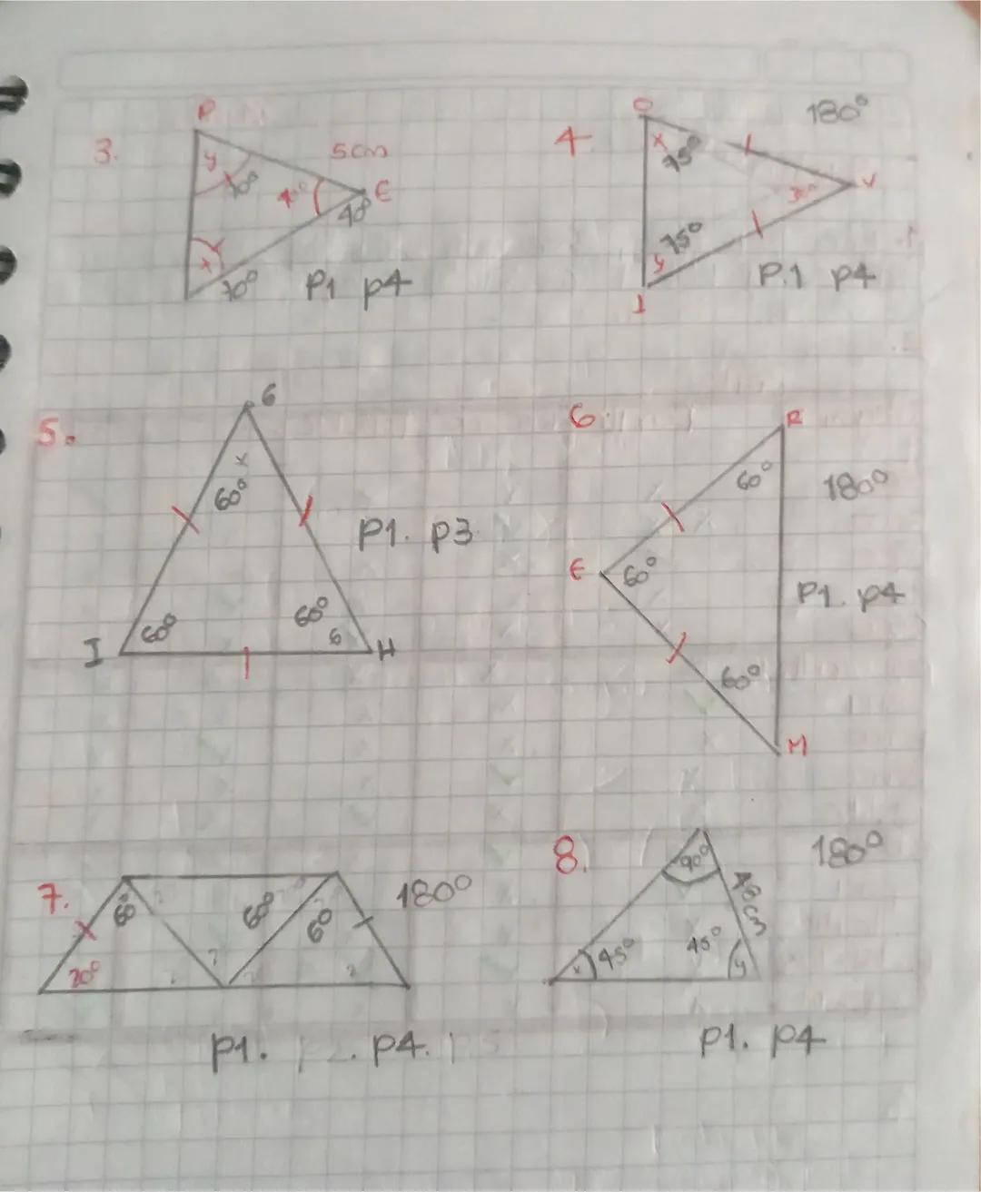 Popiedidos de Es ticingulos.

1. Tados los angulos interiores de un
triangolo suman 180°. 

2. Taco trangolo equilatero es isosceles
pero no